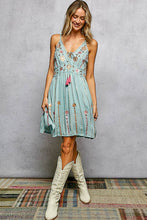 Light Seafoam Boho Smocking Mirror Embroidery V-Neck Sleeveless POL Dress