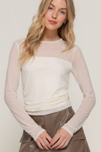 Peach Long Sleeve Crew Neck Side Ruched Detail Mesh Top
