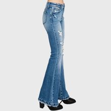 Distressed Mid Rise Stretch Flare Trouser Hem Pants