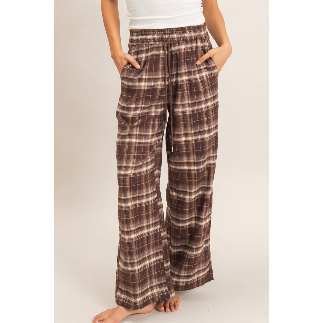 Brown Plaid Wide-Leg Pants