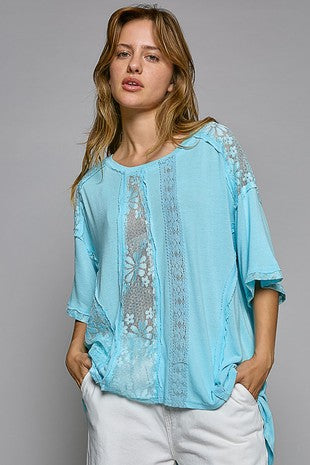 Sky Blue Round Neck Lace Short Sleeve POL Top 4/10/24 8432