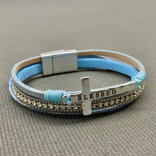 Lilac Blessed Cross Rhinestone Multi-layer Leather Bracelet
