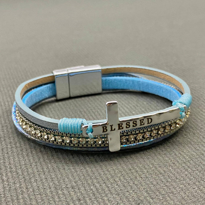 Blue Blessed Cross Rhinestone Multi-layer Leather Bracelet