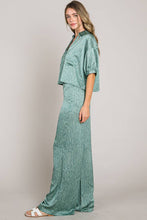 Green Short sleeve button down crop satin shirt