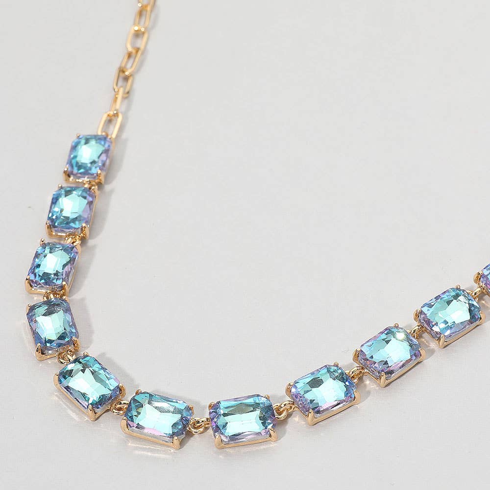Aqua Cushion Rectangular Stone Cluster Link Evening Necklace