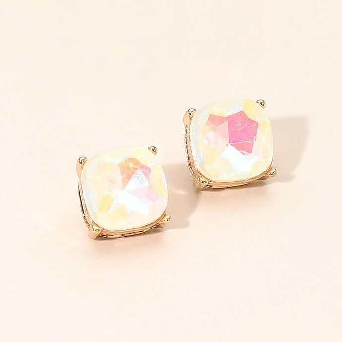 Gold White Square Cushion Stud Earrings