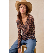Leopard Button Up V Neck Mesh Top