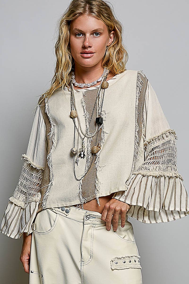 Natural Raw Edge Contrast Panels Textured Woven Boxy POL Top
