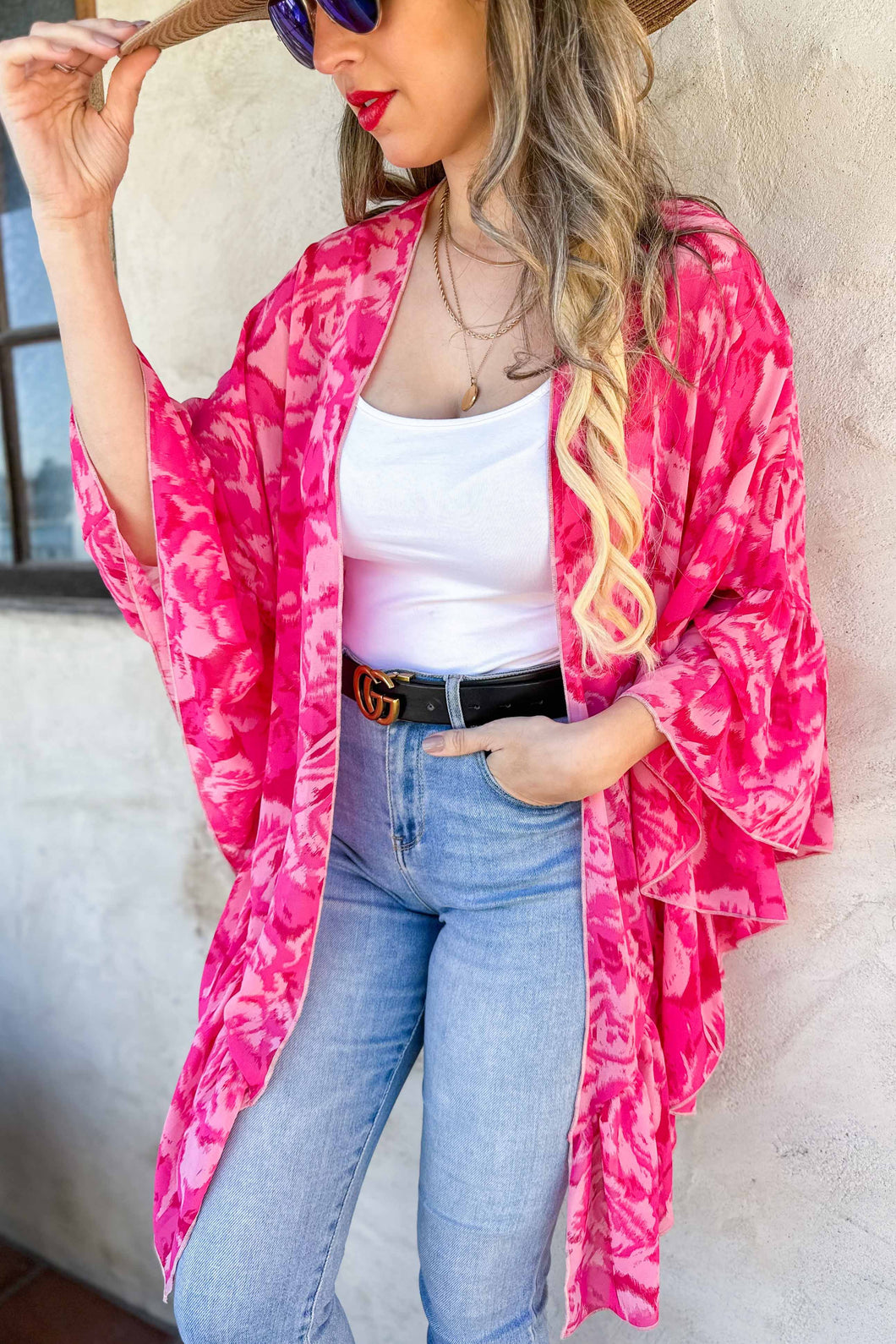 Pink Floral Ruffled Sleeve Chiffon Amoli Kimono 5/30/23 6346