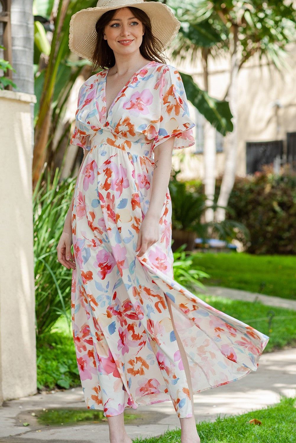 Multicolor Tropical Floral Ruched Maxi S Dress 6/5/23 6357