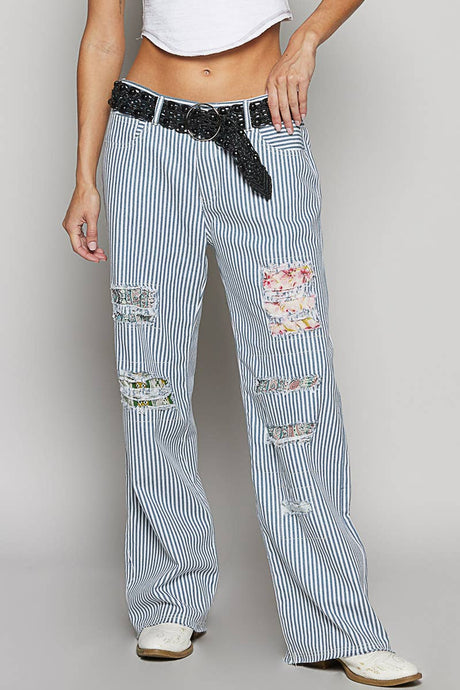 Stripe Denim Contrast patch denim woven twill bottom POL Pants