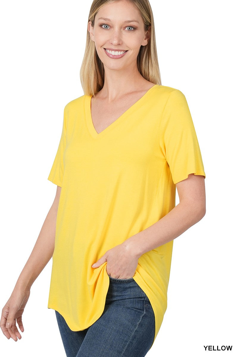 Yellow Luxe Rayon Short Sleeve V Neck Hi Low Hem Zenana Top 5/24/23 6296