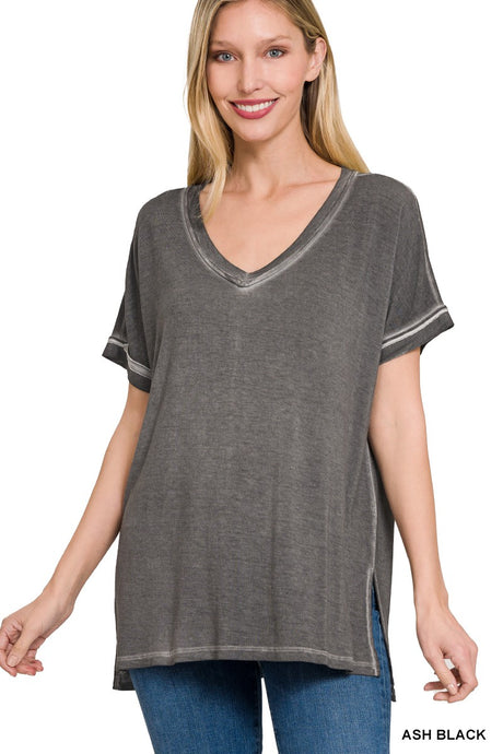 Ash Black Washed Short Sleeve V Neck Hi Low Hem Top 6/20/24 8697
