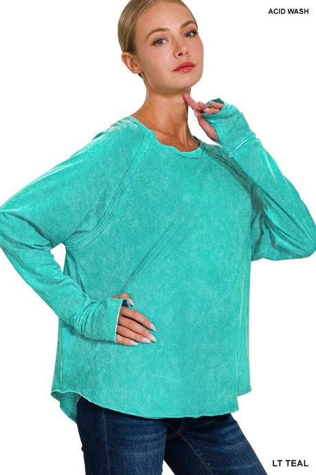 Light Teal Washed Thumb Hole Cuff Scoop Neck Long Sleeve Zenana Top 3/26/24 8362