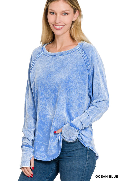 Ocean Blue Washed Thumb Hole Cuff Scoop Neck Long Sleeve Zenana Top 3/26/24 8363