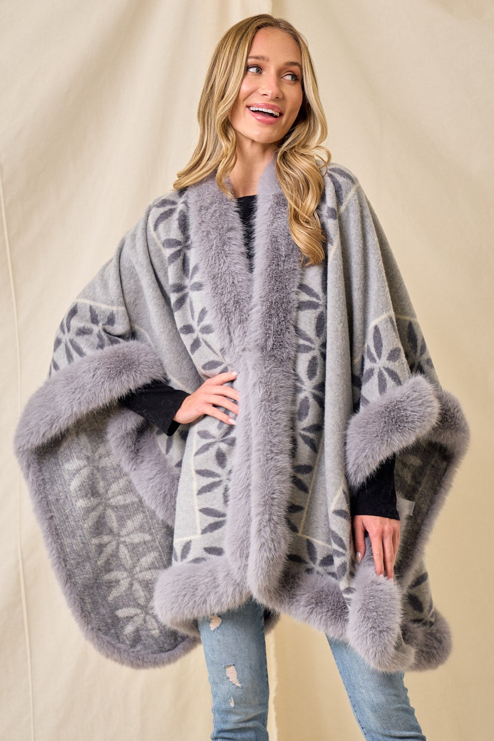 Grey Foral Faux Fur Coat 10/2/23 7154