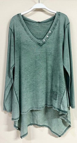 Jade Green Mineral Dye Three Button High Low Jersey Venti Shirt 6/13/23 6416