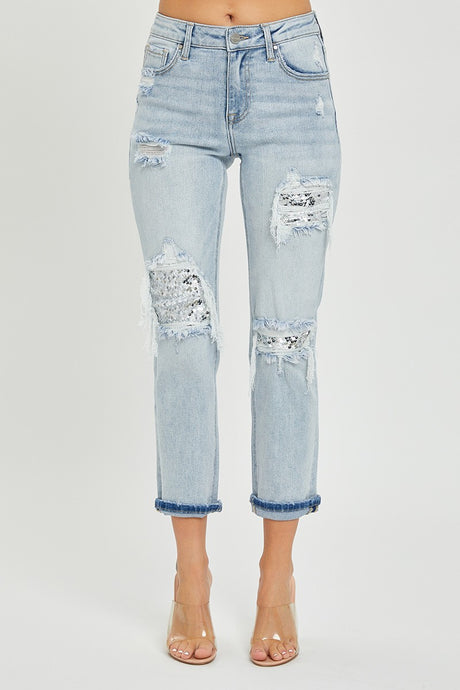 Light Mid Rise Sequins Patched Tapered Risen Jeans 11/21/23 7607