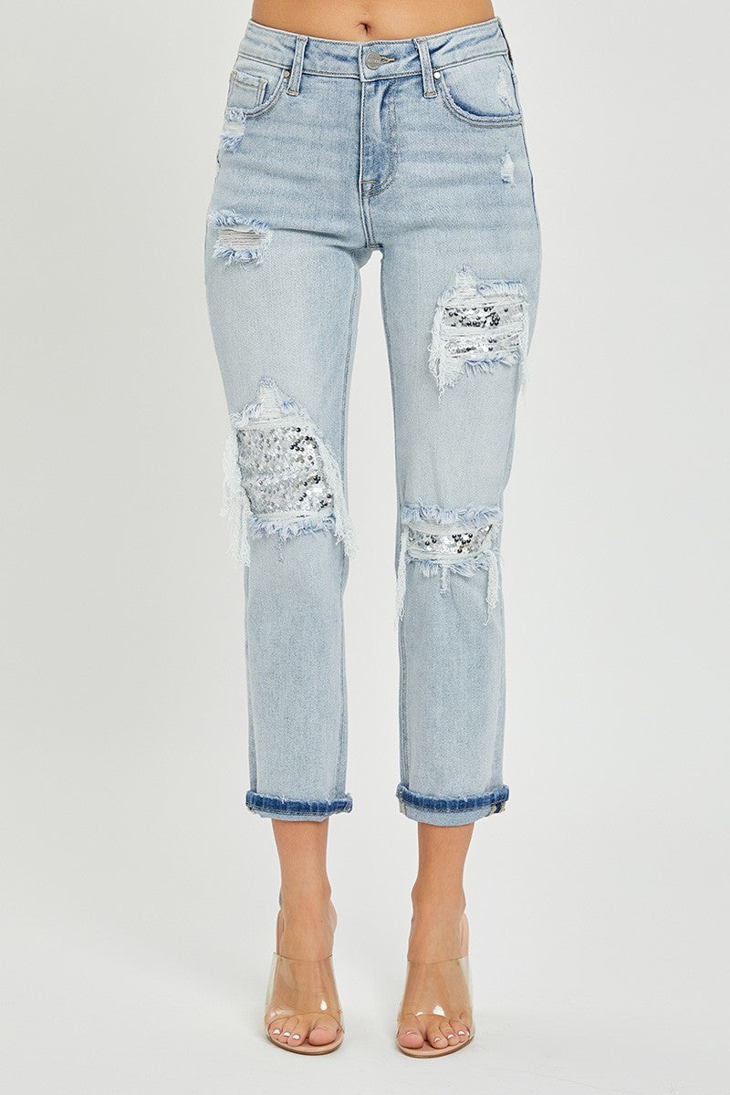 Light Mid Rise Sequins Patched Tapered Risen Jeans 11/28/23 7664