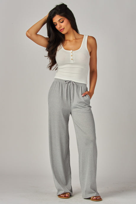 Light Heather Grey Stretchy Ribbed Drawstring Wide Leg Pants 5/22/25 9900