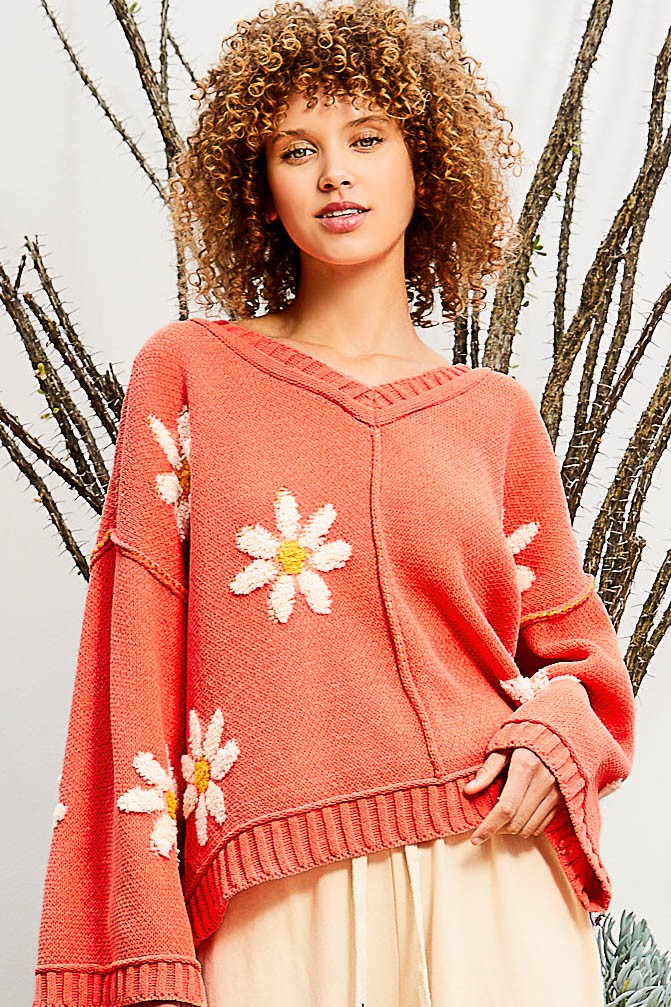 Coral V Neck Floral Chenille Pullover POL Sweater 12/27/23 7791