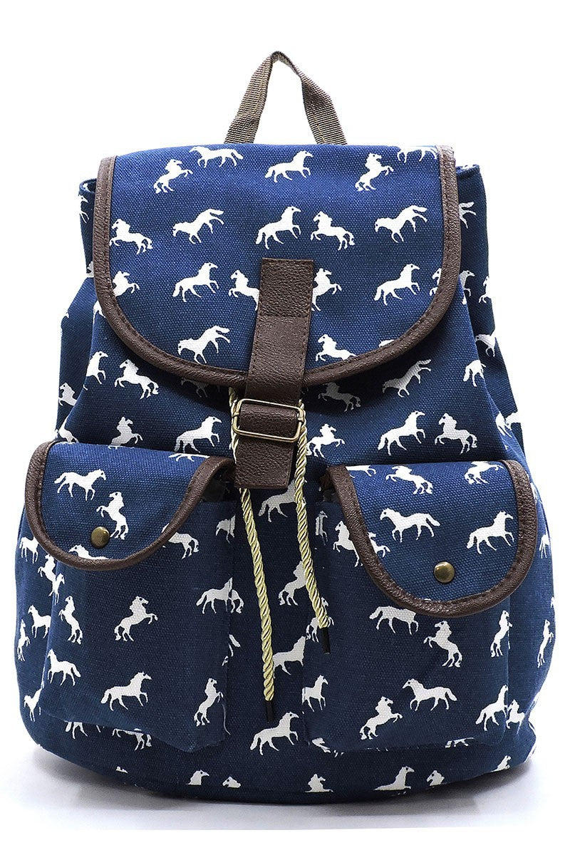 Navy Horse Print Canvas Backpack 7/28/23 6753