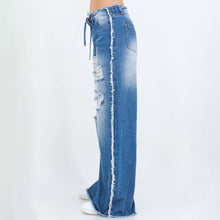 Blue Wash Drawstring Distressed Wide Jeans