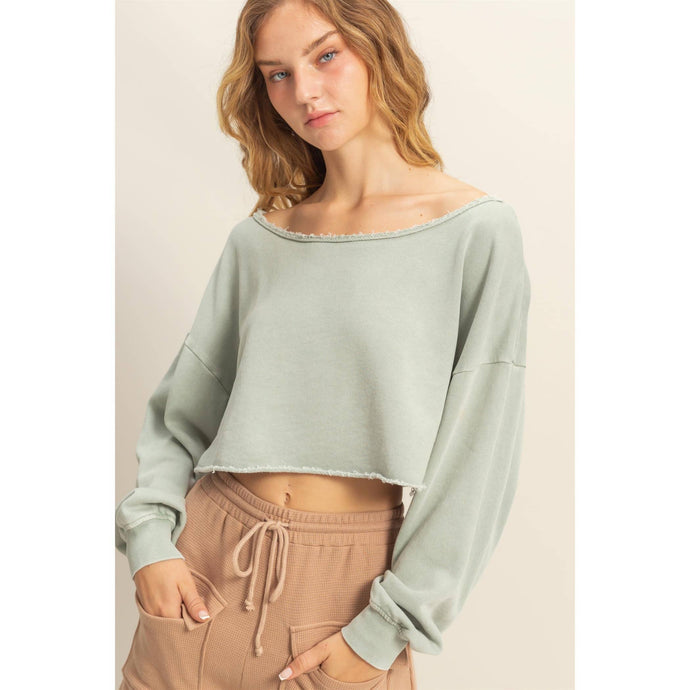 Sage Green Frayed Detail Long Sleeve Crop Top
