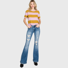 Distressed Mid Rise Stretch Flare Trouser Hem Pants
