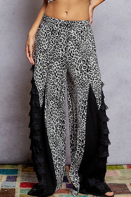 Black Leopard pattern lace detail printed knit waistband POL pants