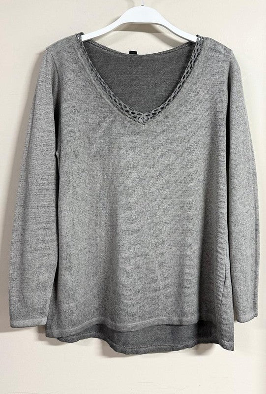Grey Crochet Neckline Mineral Wash Knit Venti Sweater 9/14/23 7058