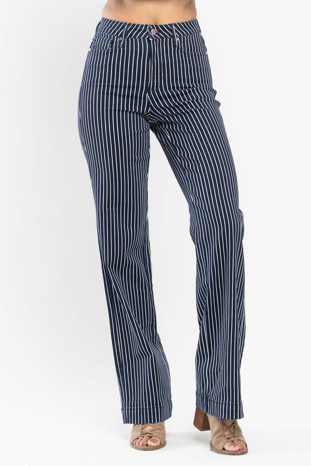 Dark White Tummy Control Striped Straight Fit Judy Blue Jeans 10/24/23 7255