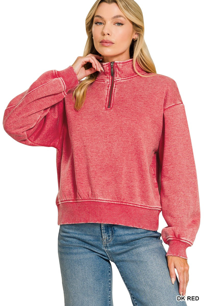 Dark Red Acid Wash Fleece Half Zip Zenana Pullover 10/7/26 1483