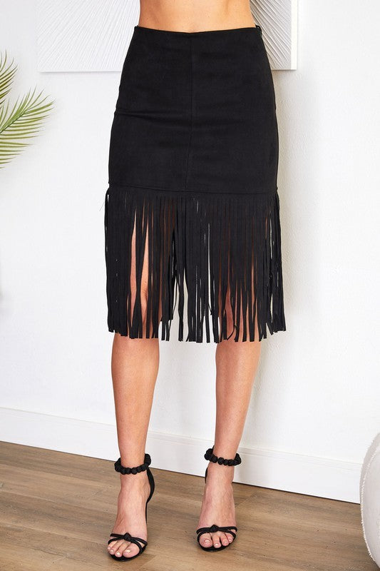 Black Faux Suede Mid Length Fringed Venti Skirt 8/10/23 6813