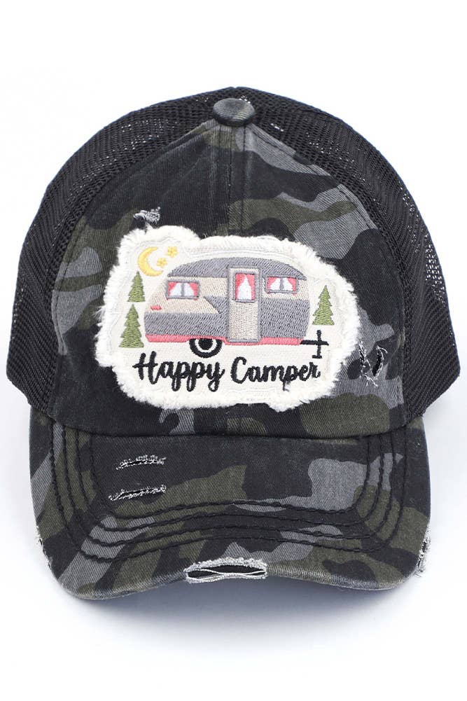 Black Camo C.C HAPPY CAMPER Patch Pony Cap