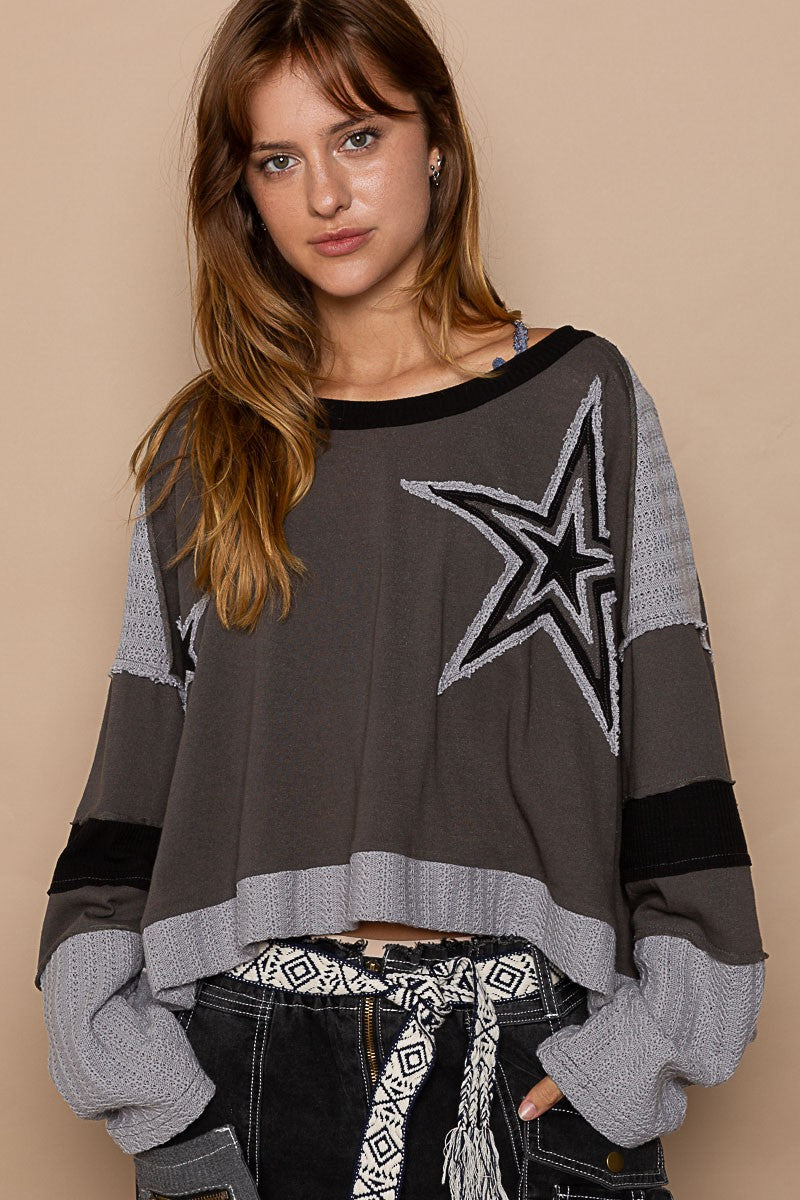 Charcoal Multi Star Patch Long Sleeve Cropped Knit POL Top 12/4/23 7674