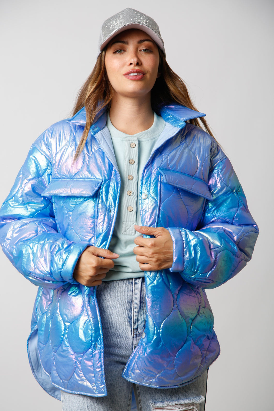 Aqua Iridescent Puffer Jacket 10/19/23 7215 – B'Dazzled Shop