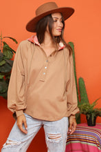 Mocha Loose Fit Henley Flannel Hood Top 9/12/23 7004