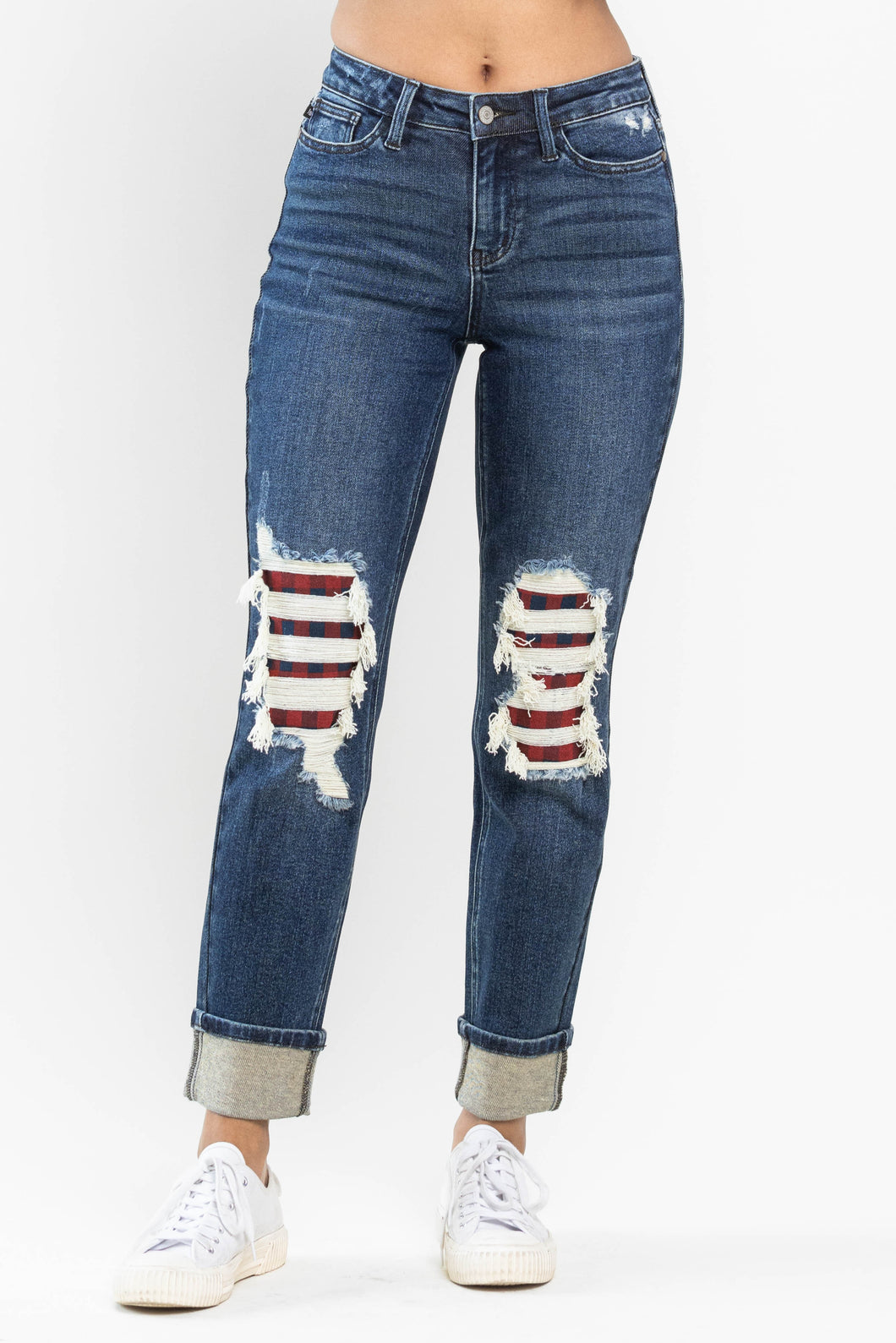 Dark Judy Blue Mid Rise Buffalo Plaid Destroyed Patches & Cuff Judy Blue Jeans 9/27/23 7098