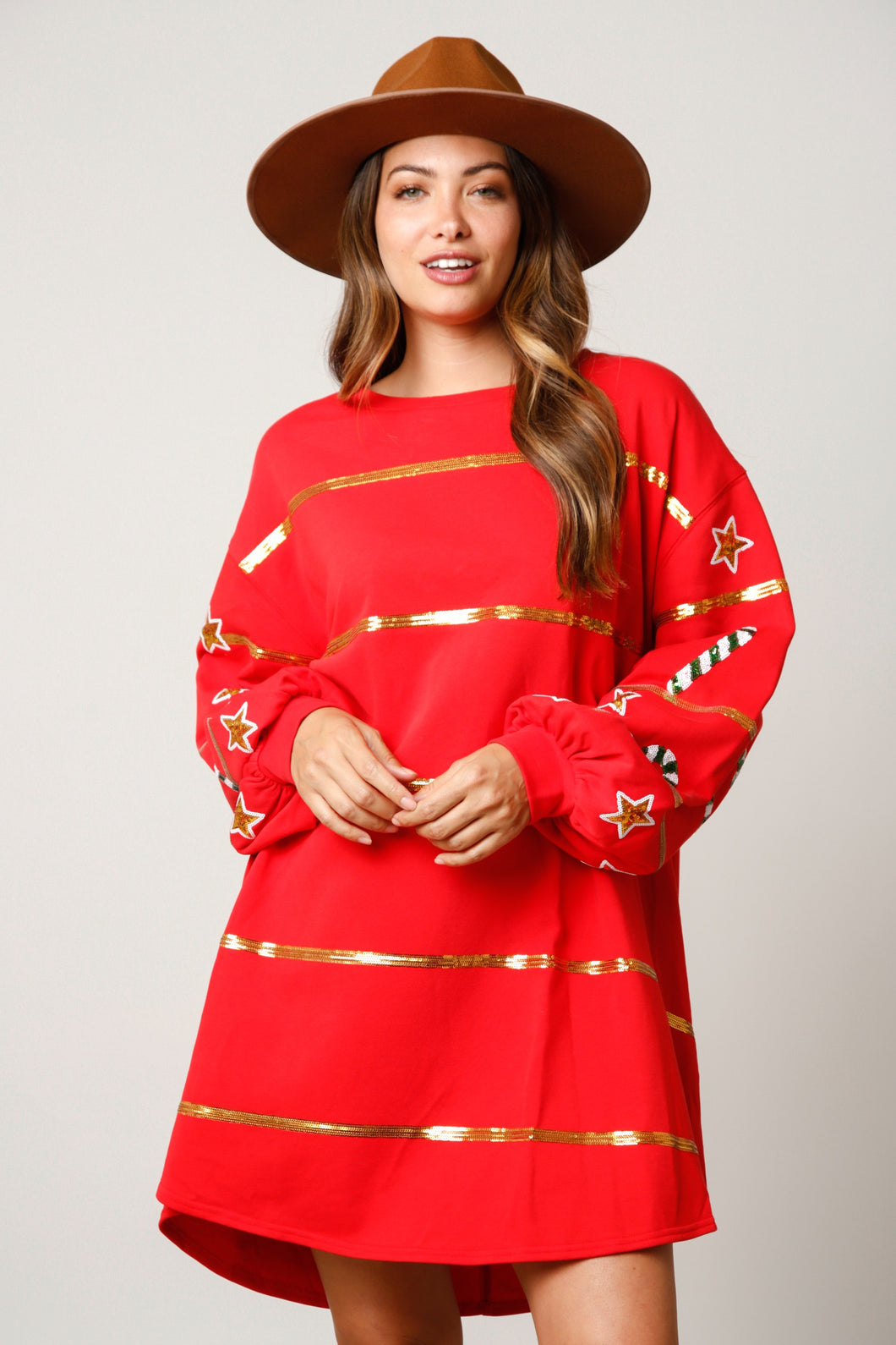 Red Christmas Sequin Stripe Sweatshirt Dress 10/4/23 7159