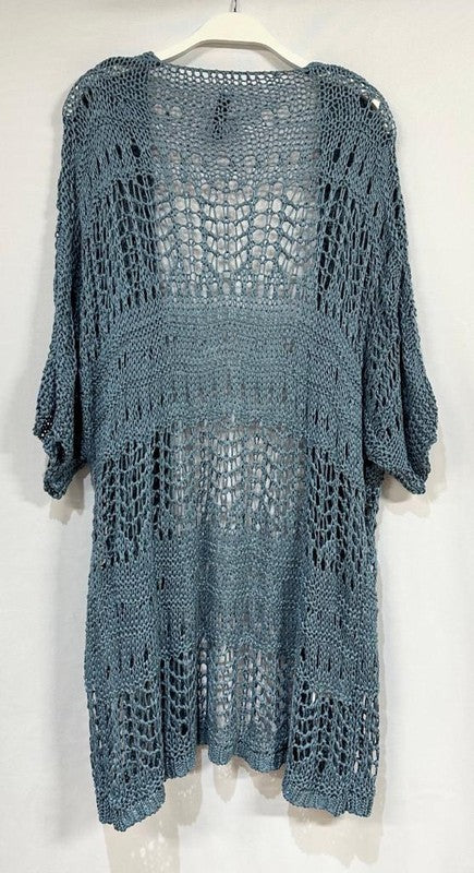 Denim Blue Crochet Short Sleeve Mid Length Venti Cardigan 9/14/23 7054