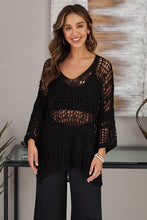 Black Crochet Drop Shoulder 3/4 Sleeve High Low Venti Top 9/14/23 7096