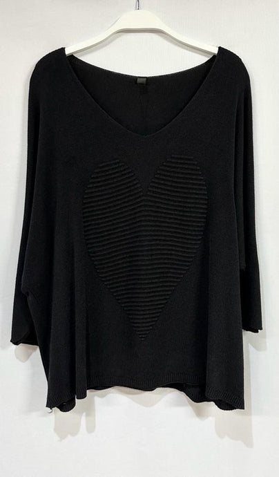 Black V Neck 3/4 Sleeve Drape Embossed Heart Venti Sweater 9/14/23 7081