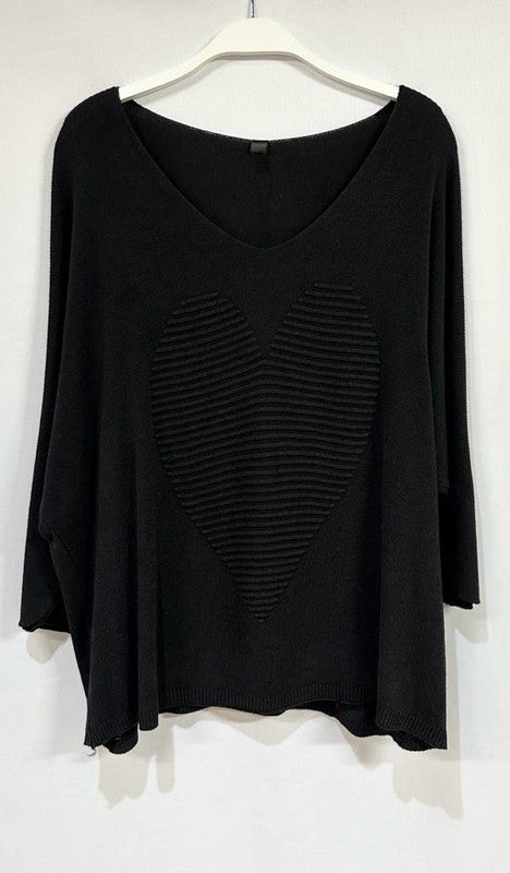 Black V Neck 3/4 Sleeve Drape Embossed Heart Venti Sweater 10/25/23 7081
