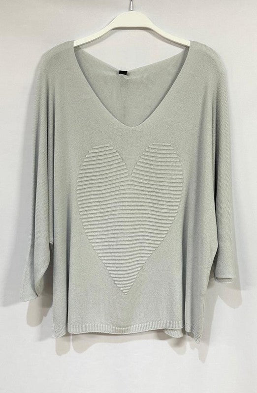 Light Grey V Neck 3/4 Sleeve Draped Embossed Heart Venti Sweater 9/14/23 7071