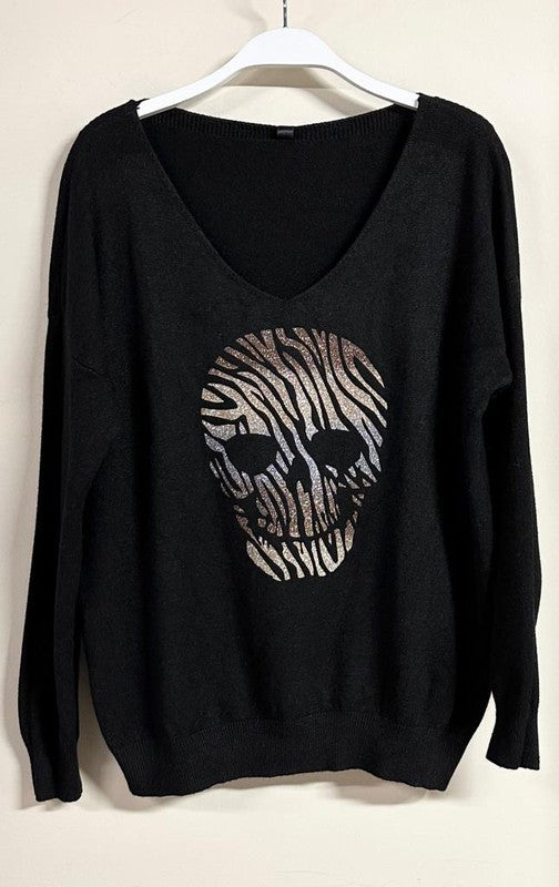 Black Ombre Sparkle Skull V Neck Knit Venti Sweater 9/14/23 7045
