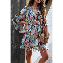 Green Floral V Neck Waist Tie Ruffle Hem Wrap Dress