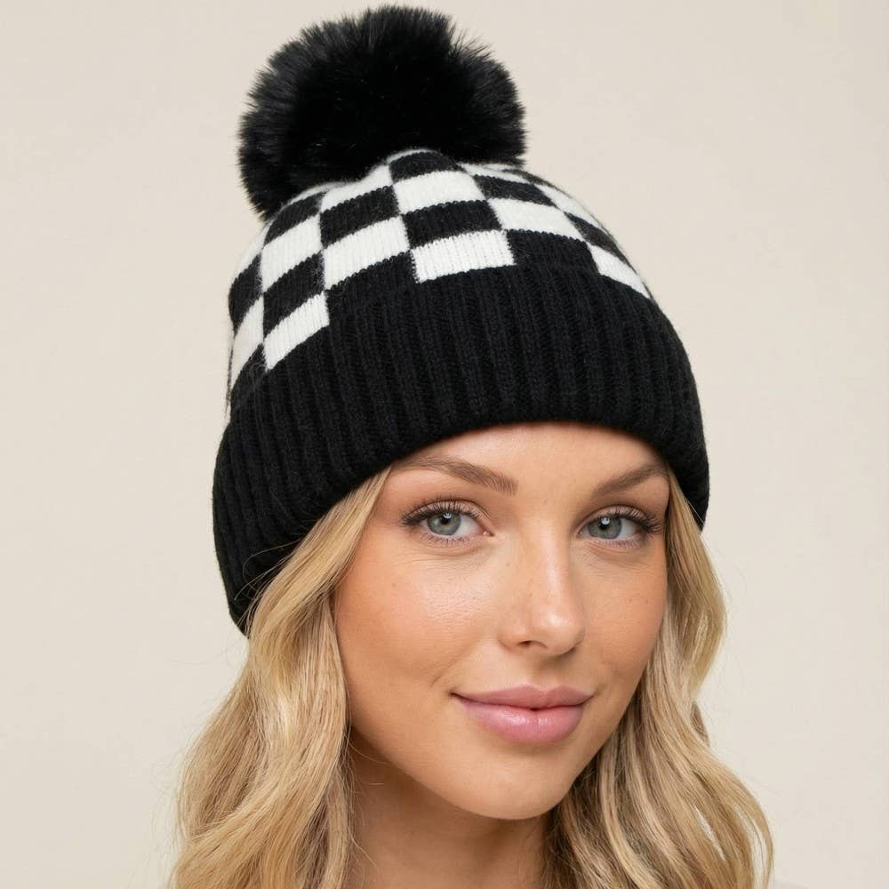 Black White Checkered Pom Beanie