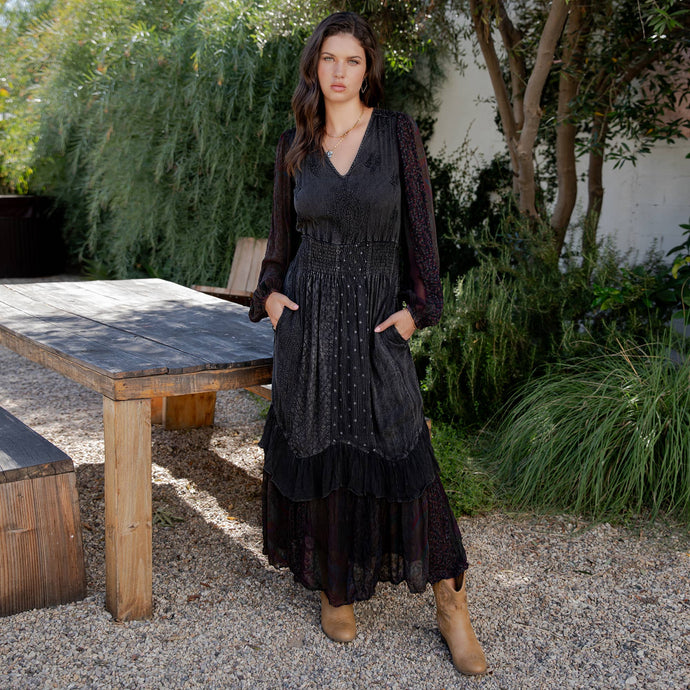 Charcoal Boho Embroidered Ruffle Maxi Smocked Dress with Sheer Sleeves
