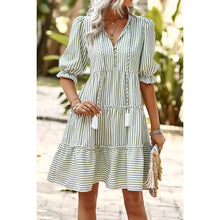 Green Stripe V Neck Button Puff Sleeves High Waist Dress